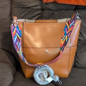 Stylish Tan Tote Bag with Colorful Strap